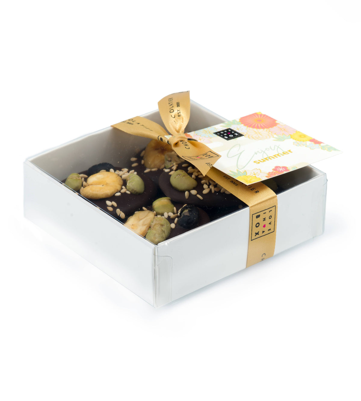 Love in a Box tummasuklaamendiantit paahdetulla aasialaisella papusekoituksella ja seesaminsiemenillä lahjarasiassa