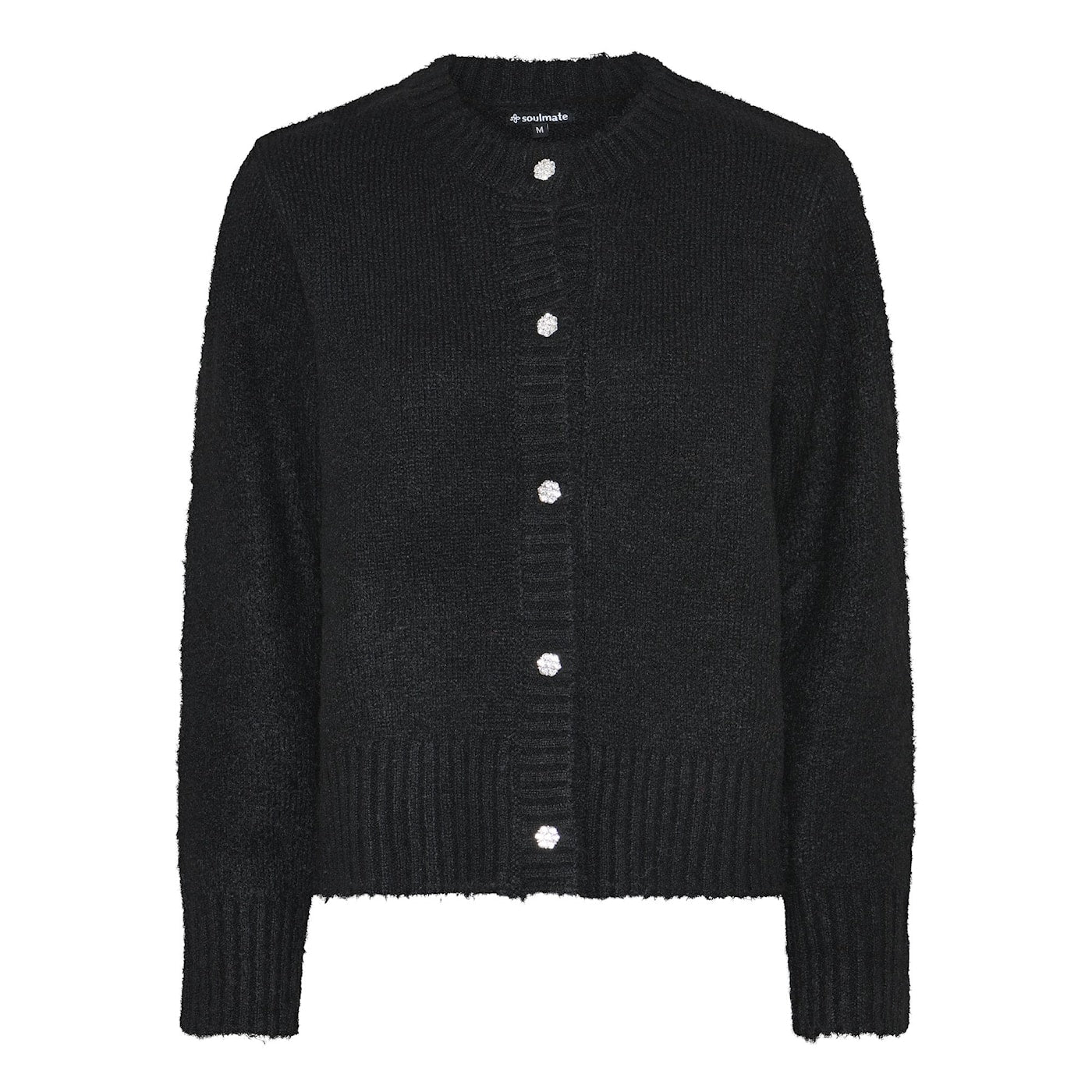 Alliette 2 musta neuletakki naisellinen, pehmeä malli koristeellisilla napeilla – ajaton klassikko.