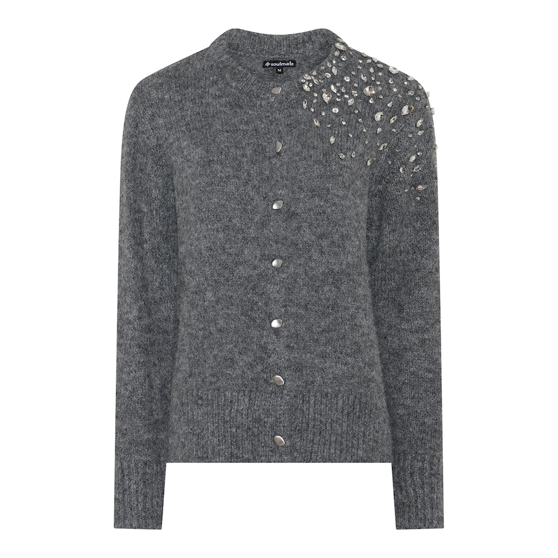 Ashley 2 harmaa neuletakki naisellinen, lyhyt malli, kivikoristelu vasemmalla hartiaseudulla – syksyn uutuus.