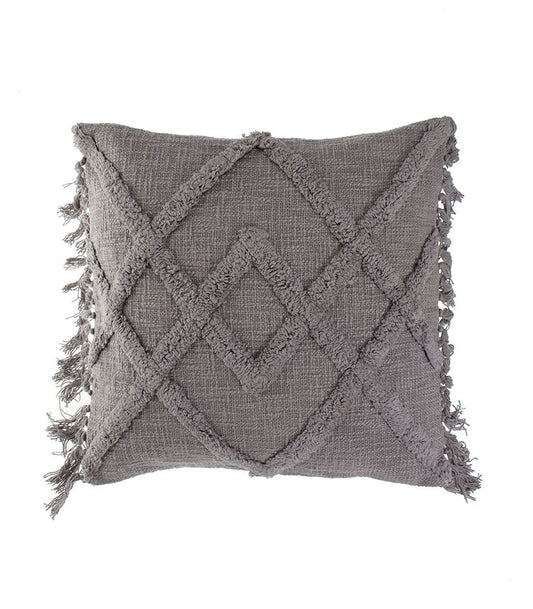 Harmaa koristetyyny tuftatulla kuviolla ja tupsureunoilla, puuvillatyyny 50x50 cm