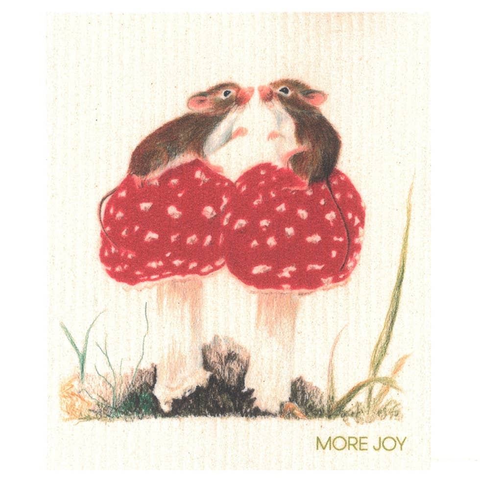 Design tiskirätti Hiiret & Sienet, ekologinen ja biohajoava, valmistettu selluloosasta ja puuvillasta, pestävä ja pitkäikäinen, More Joy -kuosi.