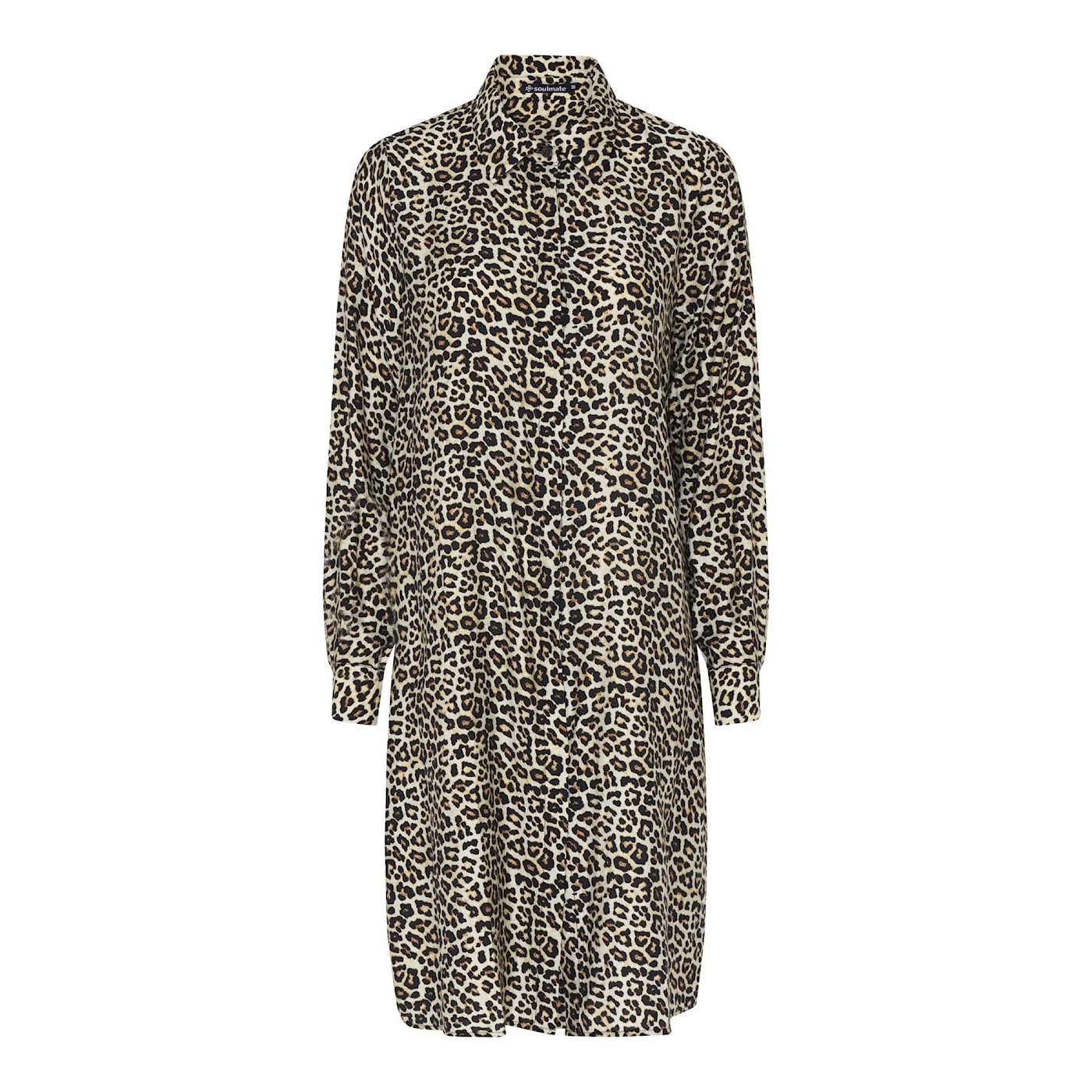 Leopardikuvioinen viskoositunika, napit edessä ja perinteinen kaulus, pitkät hihat