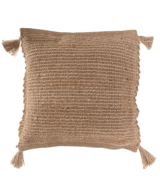 Juuttityynynpäällinen tupsuilla 50x50 cm, luonnollinen boheemi sisustustyyny