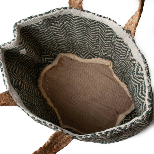 Rosenvinge vihreäkuvioinen juuttikassi - shopper laukku - suuri ja pyöreäpohjainen.