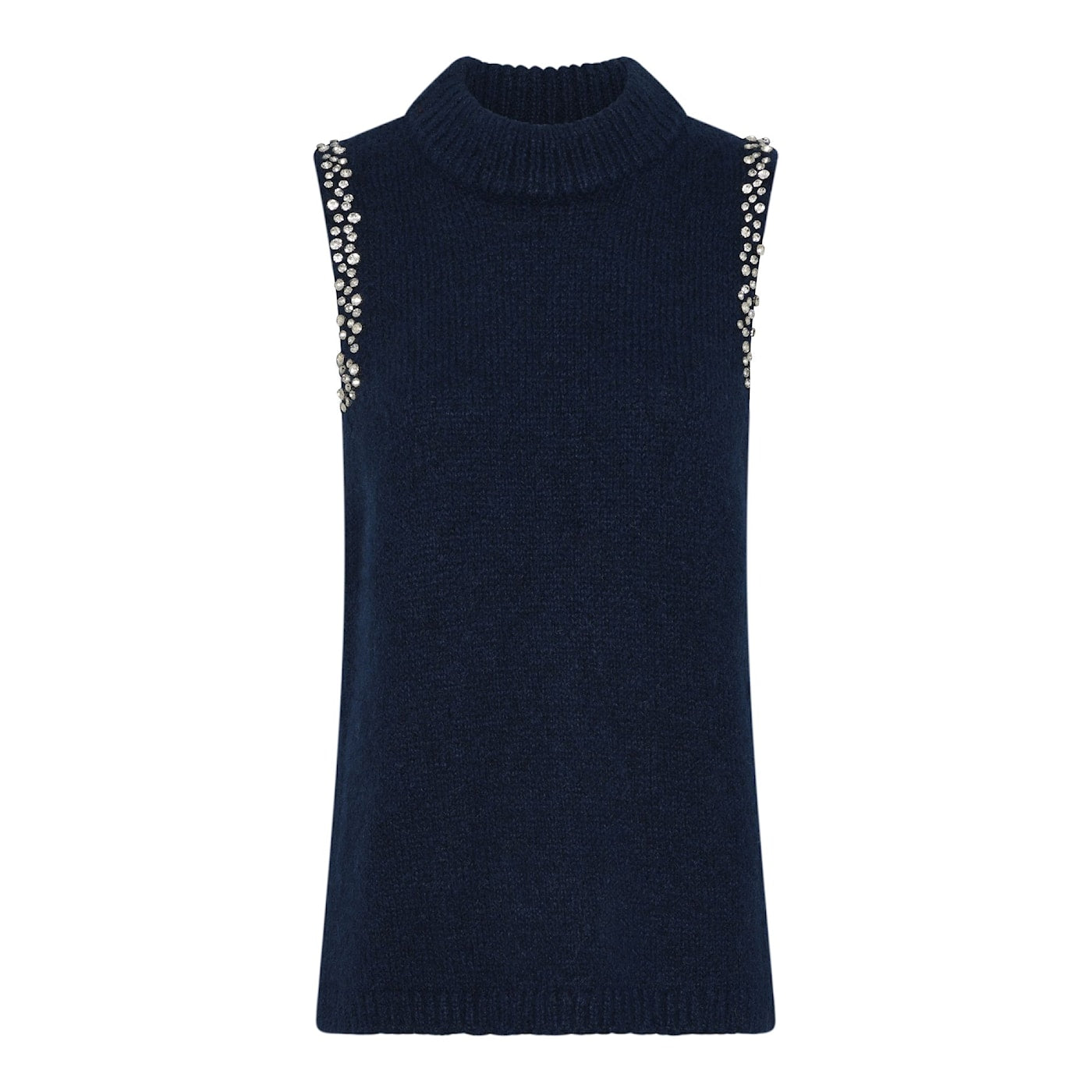 Smile hihaton neulostoppi koristeellisilla kivillä. Elegantti juhlatoppi pyöreällä pääntiellä.