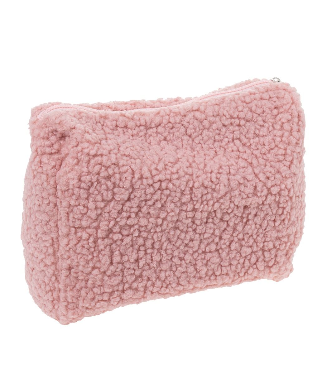 Vaaleanpunainen teddy-toilettilaukku, pehmeä ja tilava meikkilaukku vetoketjulla