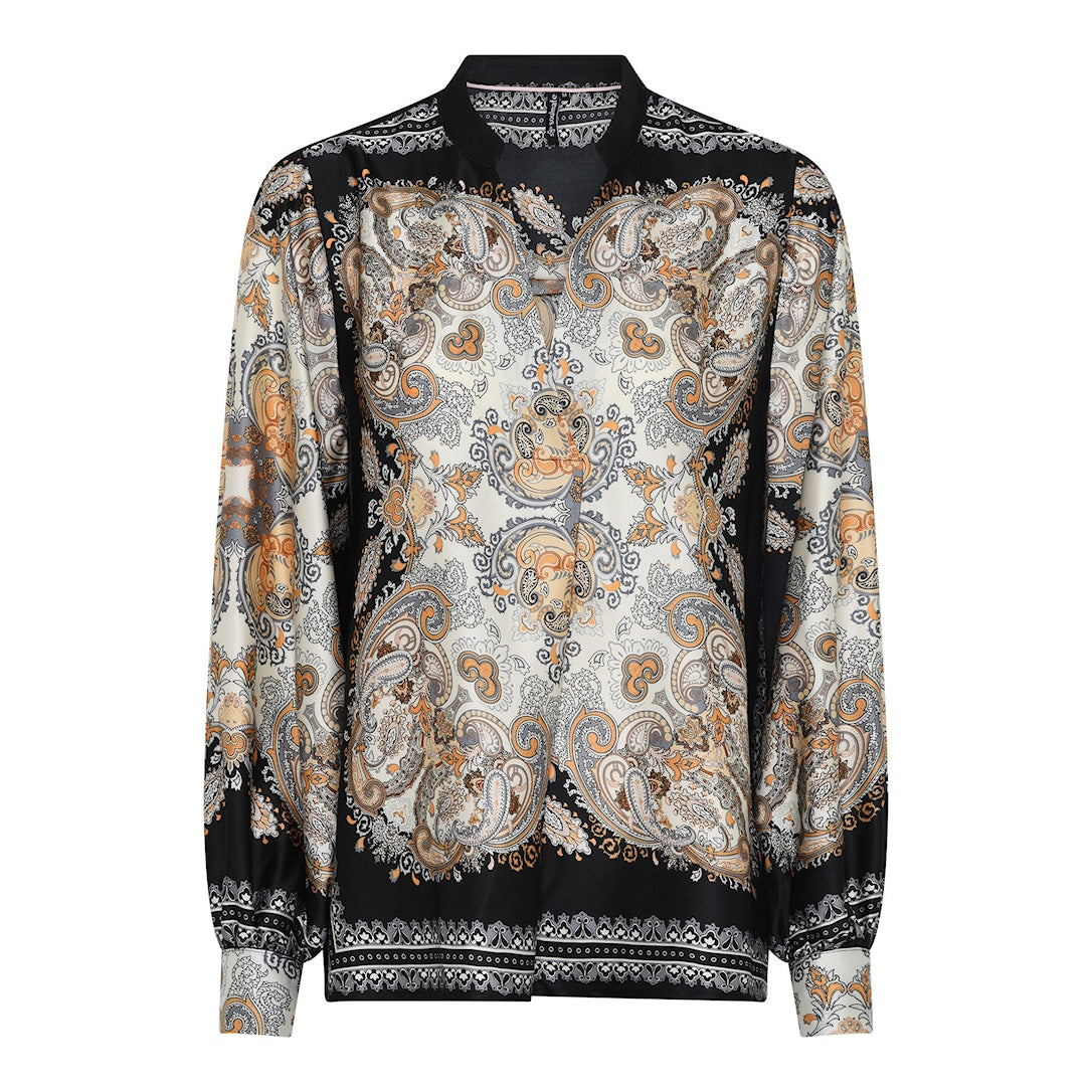 Soulmate Universe satiinipaita – musta kuosillinen paita V-kauluksella ja pitkähihainen malli