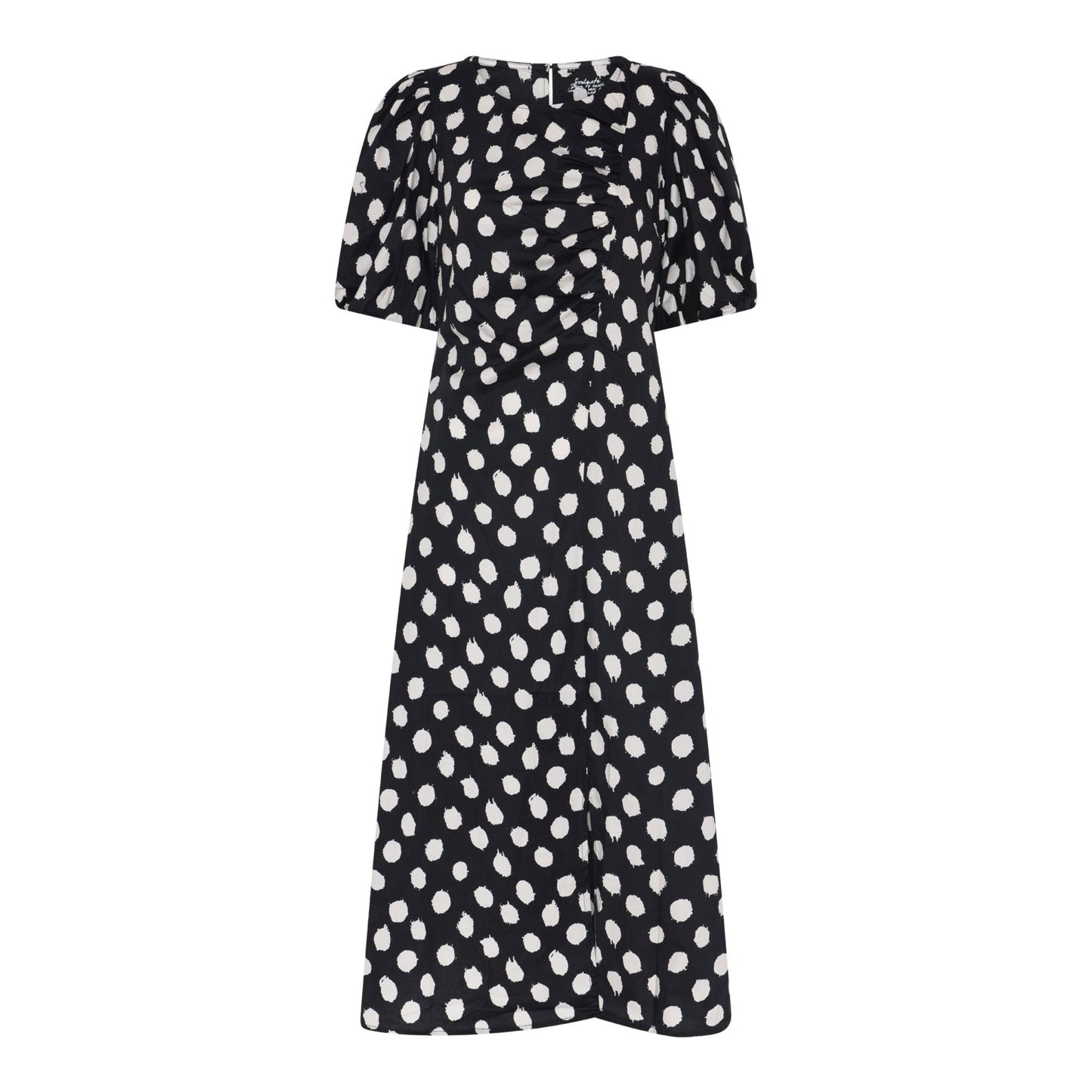 Camelia 1 -puuvillamekko pallokuosilla, puolipitkillä hihoilla ja edessä rypytysdetaljilla.