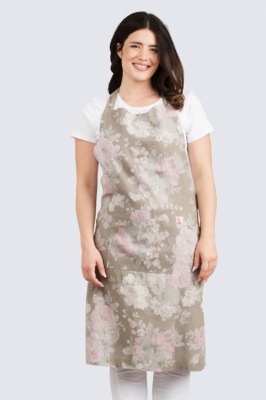 Essu Ruusu Kotirouva – pellavainen esiliina ruusukuosilla ja etutaskulla