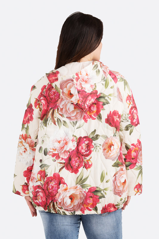 Salme-tikkitakki Ruusu Kotirouva – kevyt kukkakuosinen tikkitakki hupulla ja vetoketjulla