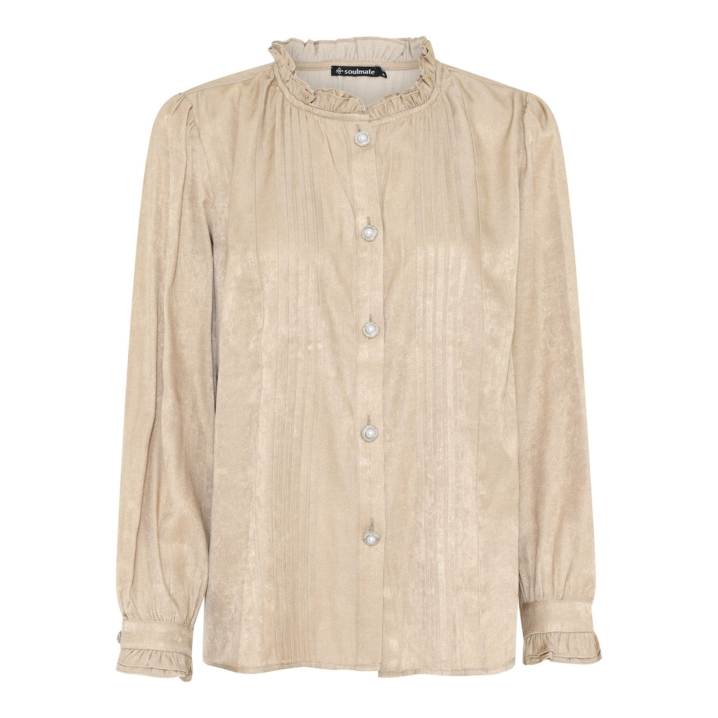 Juhlava naisten paitapusero kultaisella hohteella, nappilista ja tyylikkäät helminapit, 50 % viskoosi, 50 % polyesteri.