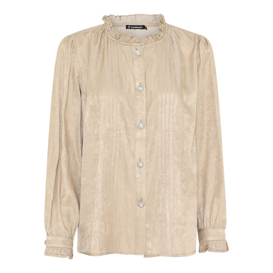 Juhlava naisten paitapusero kultaisella hohteella, nappilista ja tyylikkäät helminapit, 50 % viskoosi, 50 % polyesteri.