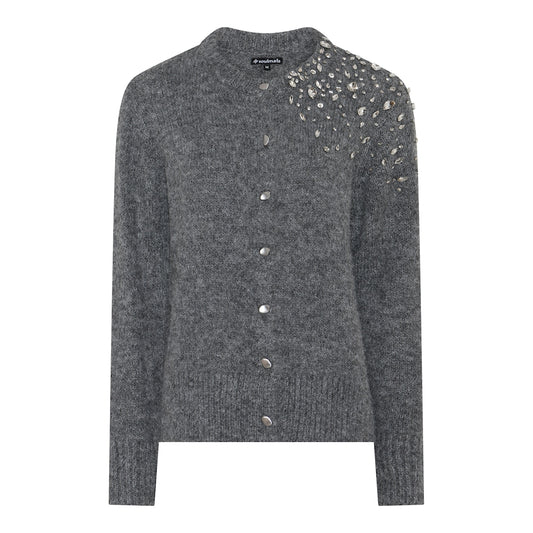 Ashley 2 harmaa neuletakki naisellinen, lyhyt malli, kivikoristelu vasemmalla hartiaseudulla – syksyn uutuus.