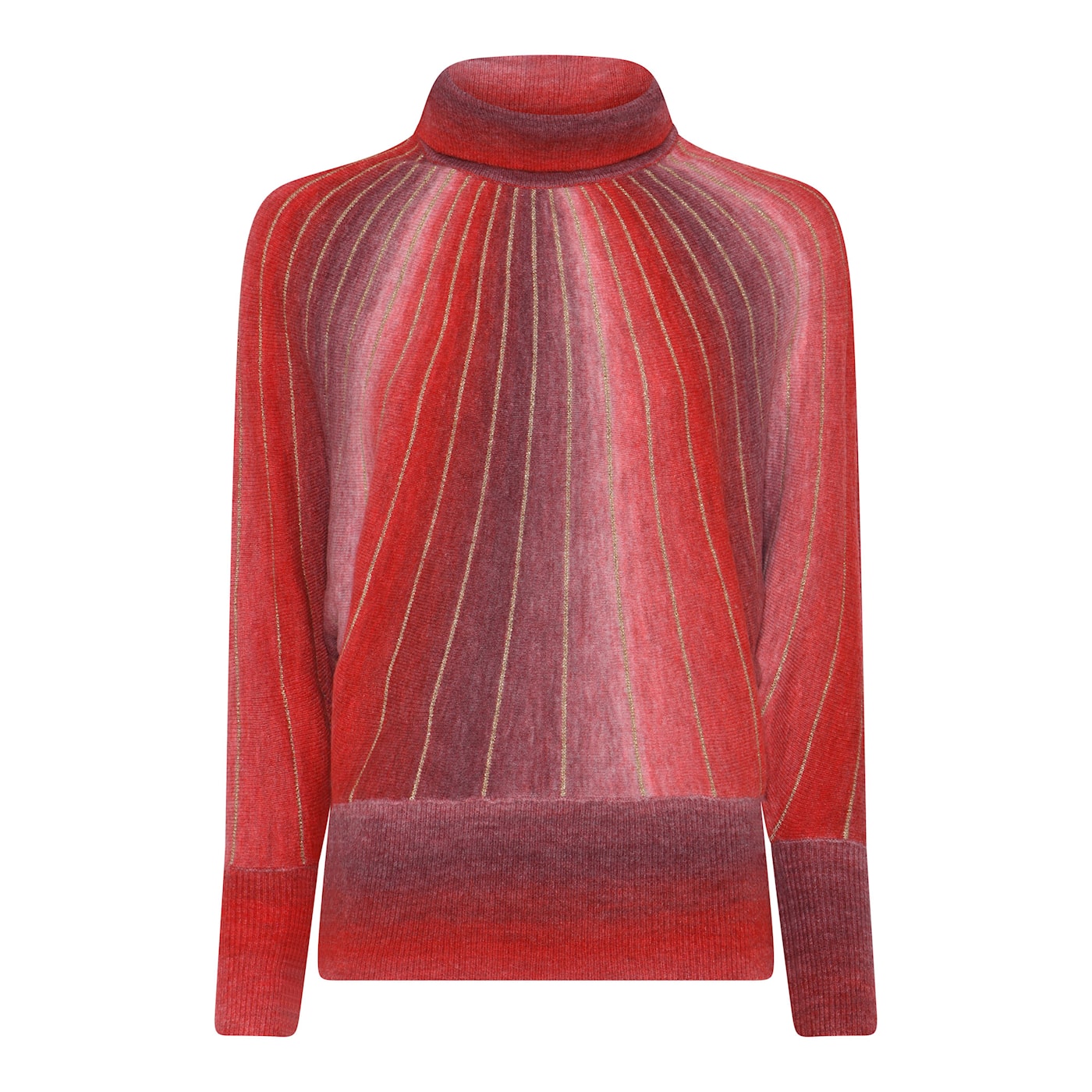 Punainen Micha-neule multicolor-kuosilla ja kasarityylisillä lepakkohihoilla. Pehmeä, lämmin ja värikäs syysneule piristämään arkea.