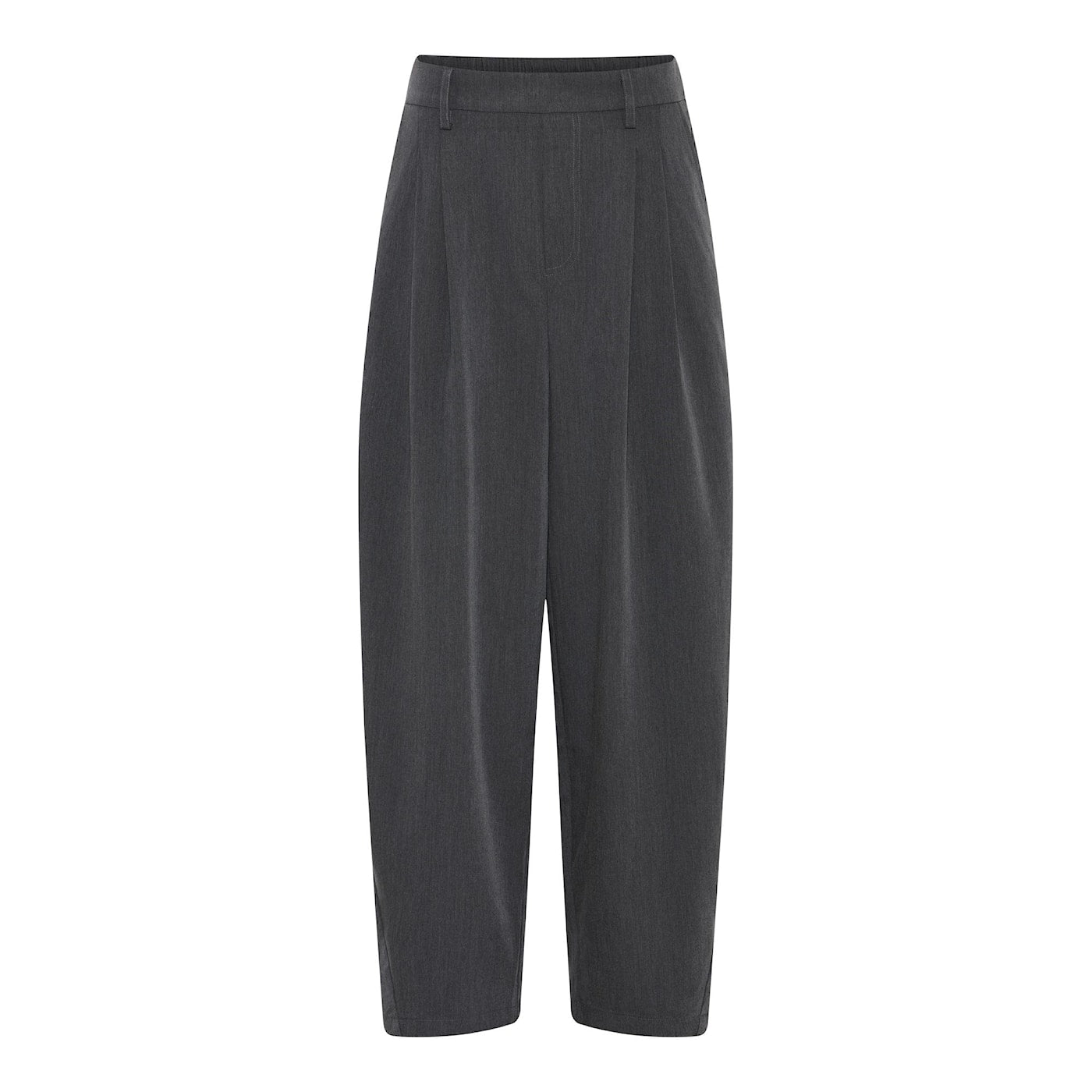 Beate 2 harmaat leveälahkeiset housut naisellinen, joustava vyötärö, kauniisti laskeutuvat lahkeet – mukavat ja tyylikkäät syyshousut.