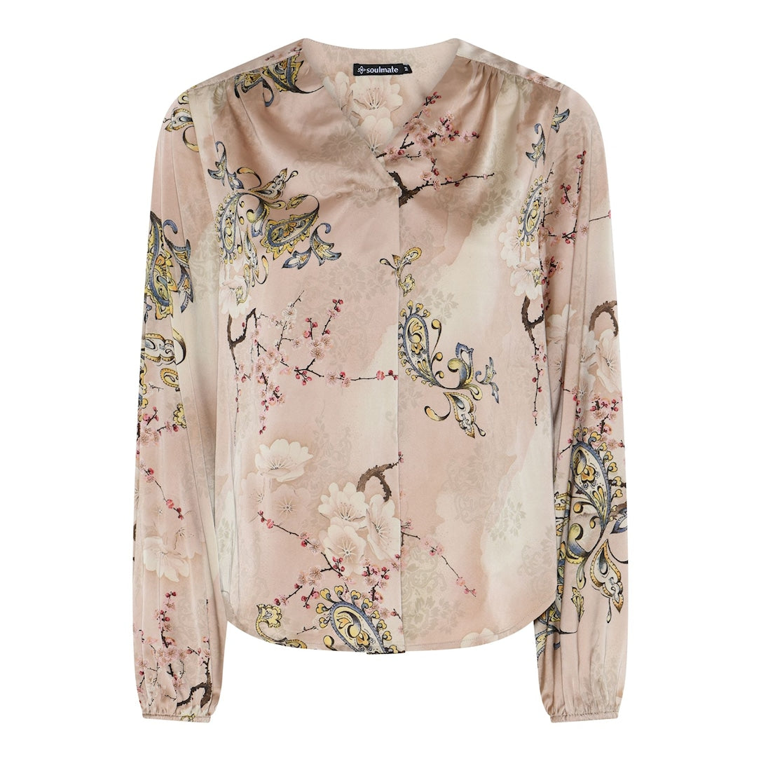 Soulmate Beauty 1 satiinipaita – roosa kukkakuosinen paita, jossa pehmeä kiilto
