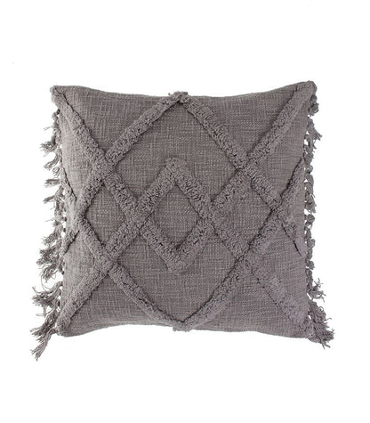 Harmaa koristetyyny tuftatulla kuviolla ja tupsureunoilla, puuvillatyyny 50x50 cm