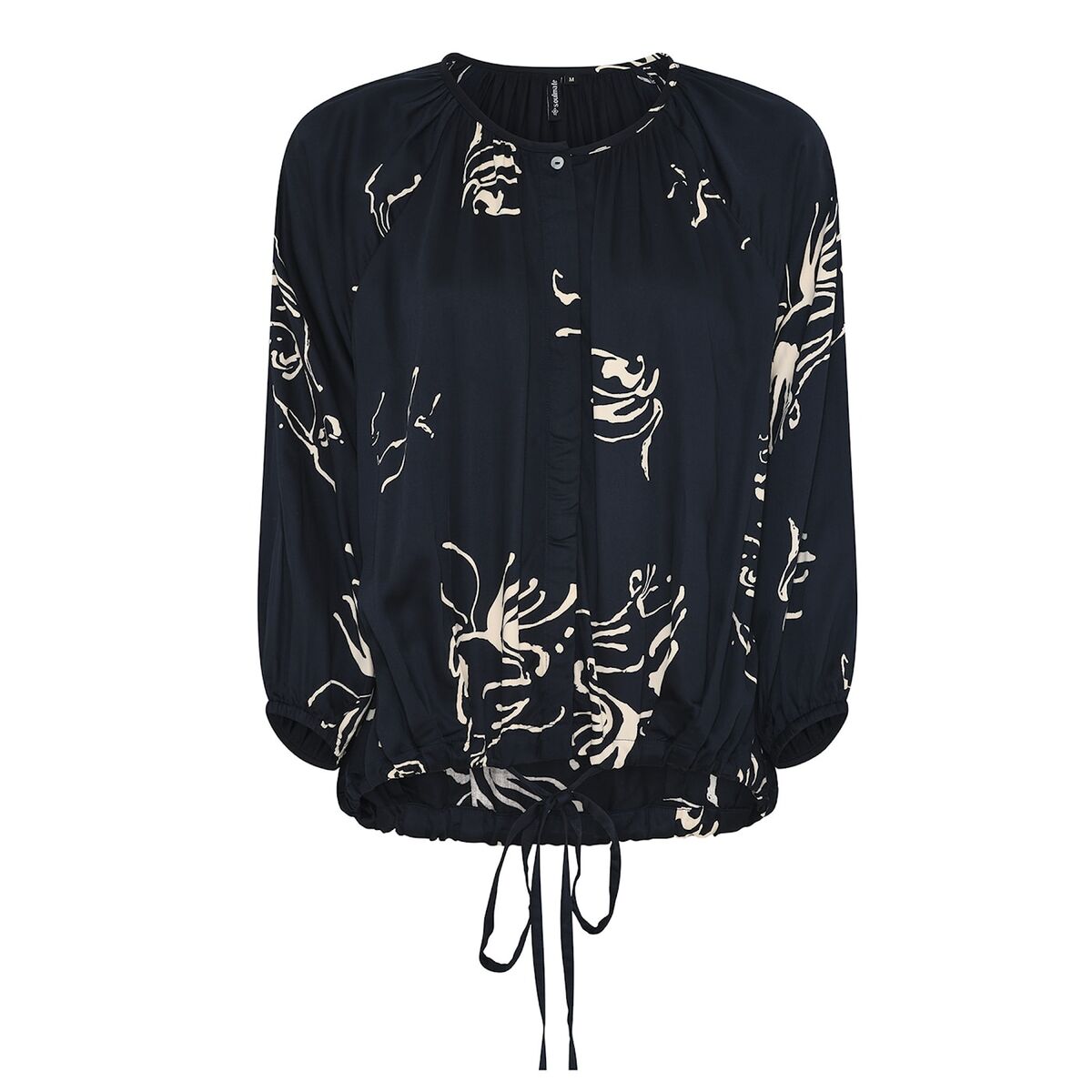 Yönsininen Brush 1 -printtipusero, jossa raglanhihat, 3/4-hihat ja säädettävä nyöri helmassa.