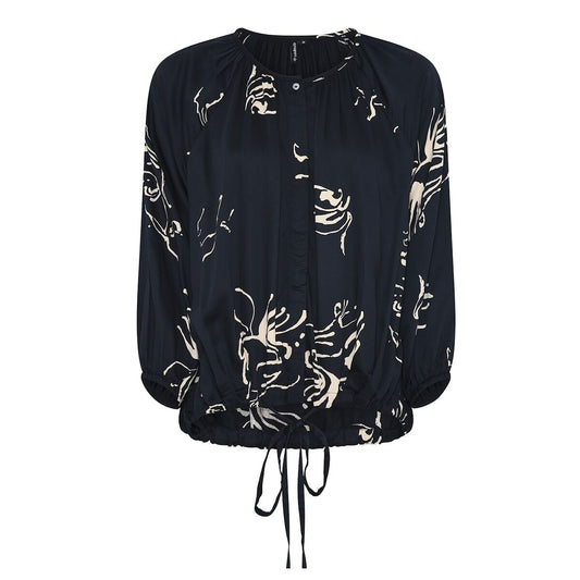 Yönsininen Brush 1 -printtipusero, jossa raglanhihat, 3/4-hihat ja säädettävä nyöri helmassa.