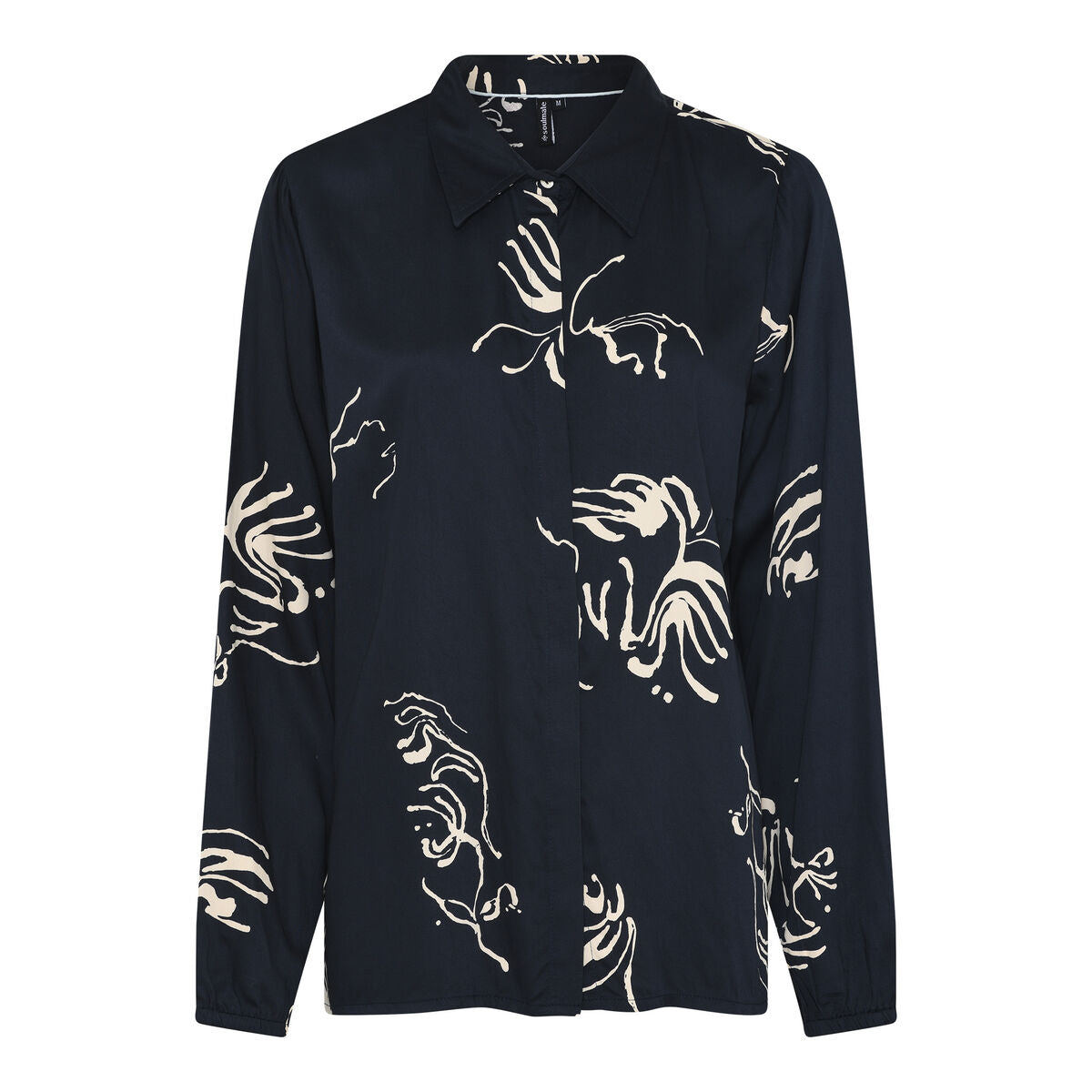 Soulmate Brush 2 paita – tummansininen viskoosipusero luonnonvalkoisilla abstrakteilla kuvioilla, kuminauhahihoilla