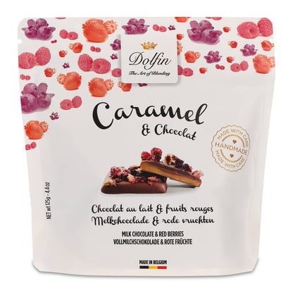 Belgialainen suklaanautinto, jossa punaisia marjoja, suolaista kinuskia ja maitosuklaata.