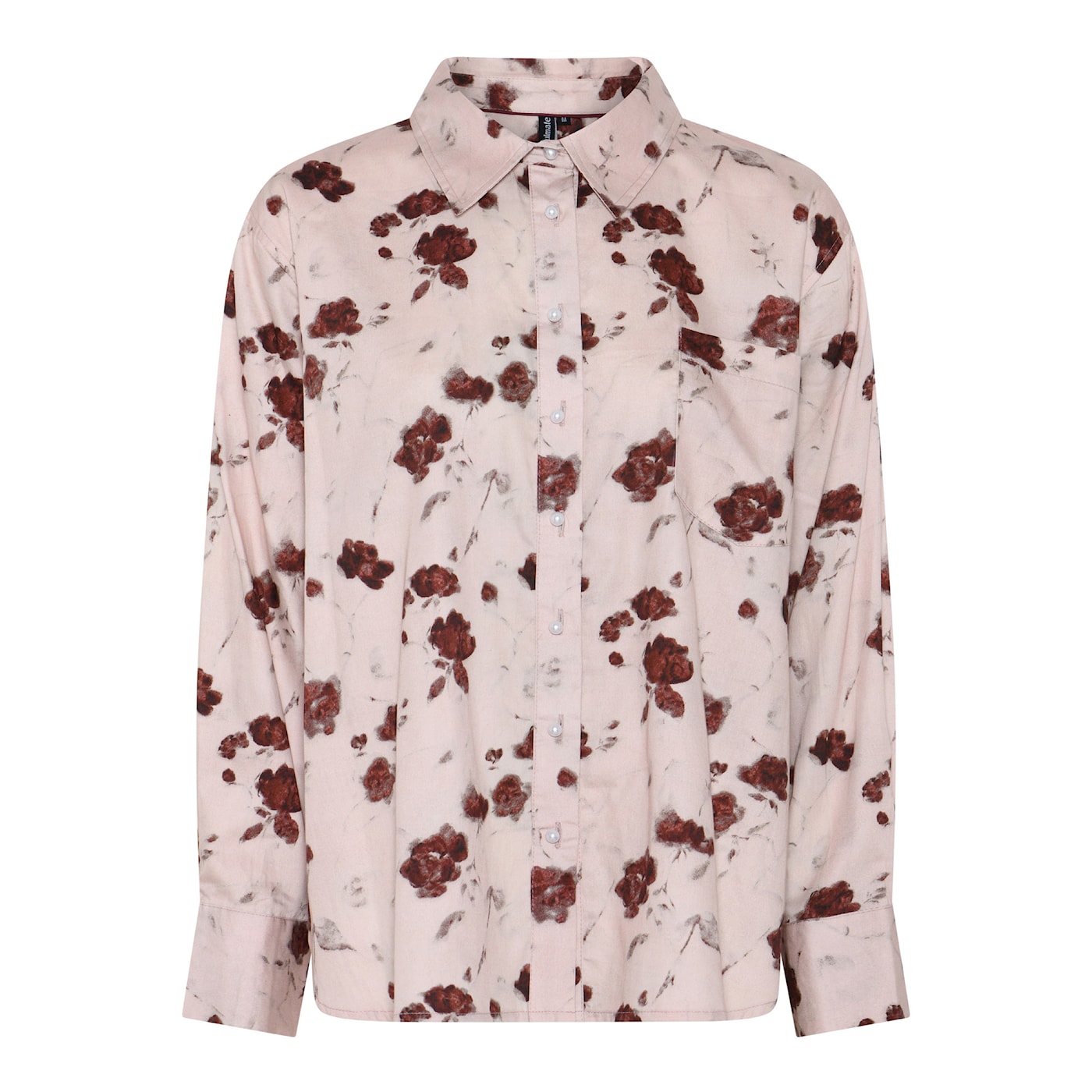 Vaalea roosa puuvillainen paitapusero, jossa viininpunainen ruusukuosi ja klassinen kaulus