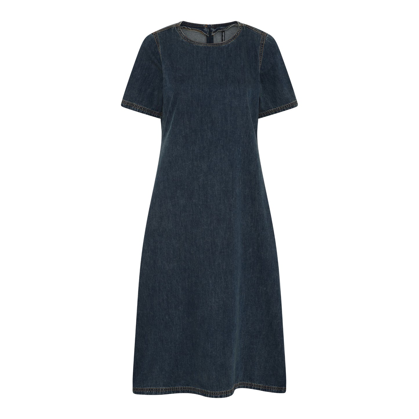 Tummansininen lyhythihainen denim-mekko, pyöreä pääntie ja A-linjainen malli