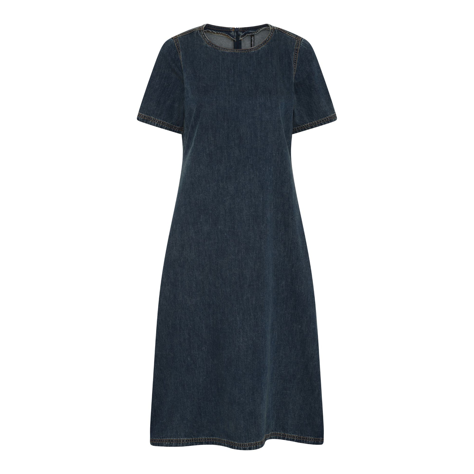 Tummansininen lyhythihainen denim-mekko, pyöreä pääntie ja A-linjainen malli
