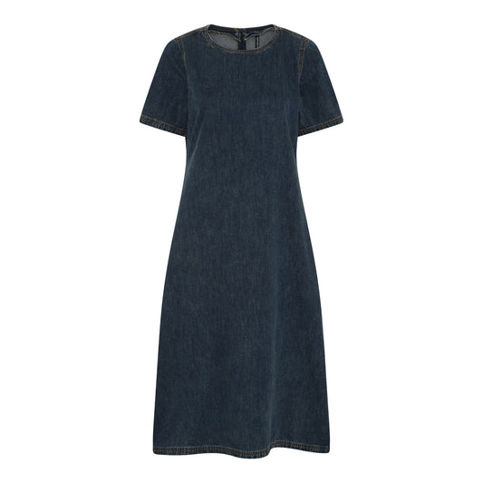 Tummansininen lyhythihainen denim-mekko, pyöreä pääntie ja A-linjainen malli