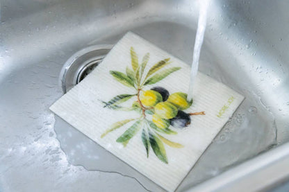 Design tiskirätti Oliivit – ekologinen ja kompostoitava tiskirätti