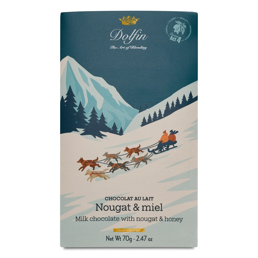 Dolfin Vintage Winter Nougat & Honey Milk Chocolate 70 g – belgialainen maitosuklaalevy nougatilla ja hunajalla vintage-talvikääreessä.