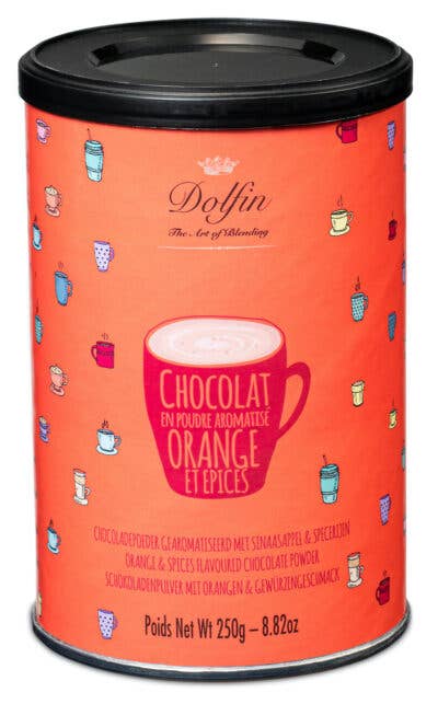 Dolfin Orange & Spice kaakaojauhe 250 g – belgialainen suklaakaakao appelsiinin ja mausteiden aromilla kauniissa purkissa.