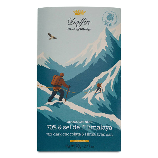 Dolfin Vintage Winter Dark 70% & Himalayan Salt 70 g – belgialainen tummasuklaalevy Himalajan suolalla vintage-talvikääreessä.