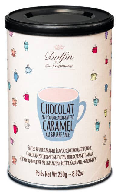 Dolfin Salted Butter Caramel kaakaojauhe 250 g – belgialainen kaakao merisuolalla ja karamellilla, tyylikkäässä purkissa.
