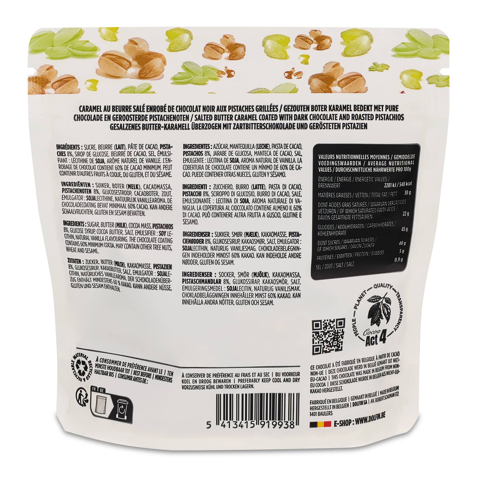 Ylellinen tumma suklaaherkku, jossa rapeat pistaasipähkinät ja suolainen voikaramelli muodostavat täydellisen makuyhdistelmän.