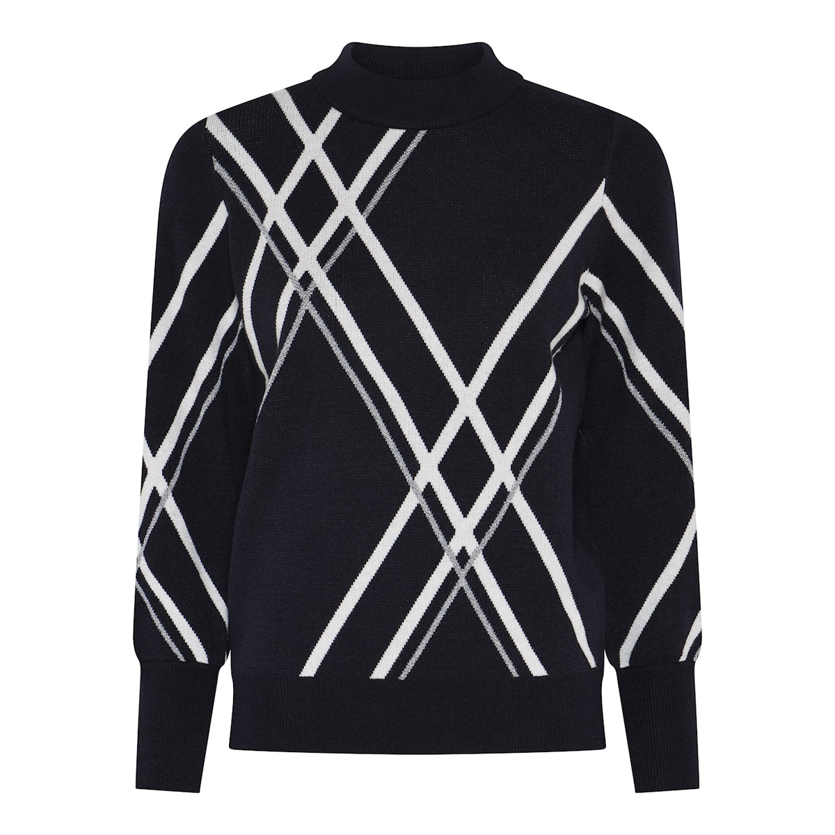 Raidallinen Hot Stripe Knit -neulepusero, pyöreä kaulus ja korkeat hihansuiden resorit.