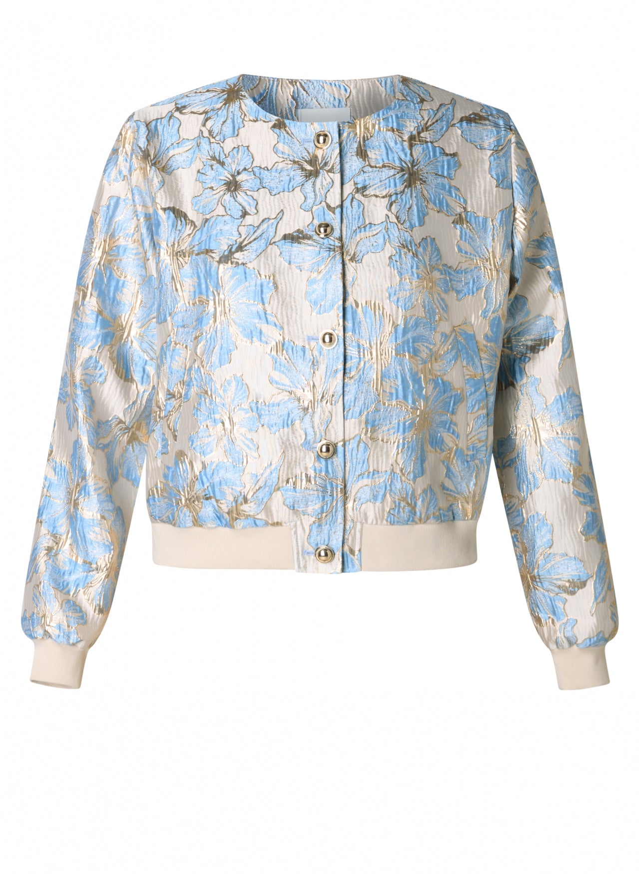 Ivana-kevättakki brokadikankaasta, naisellinen bomber-mallinen takki kullanvärisillä napeilla