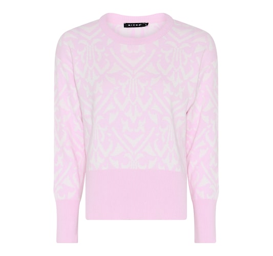 Jacquard-kuvioneule, pehmeä puuvilla–akryylisekoitus ja tyylikäs kuviopinta.