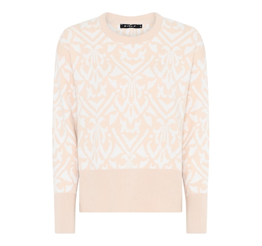 Jacquard-kuvioneule, pehmeä puuvilla–akryylisekoitus ja tyylikäs kuviopinta.