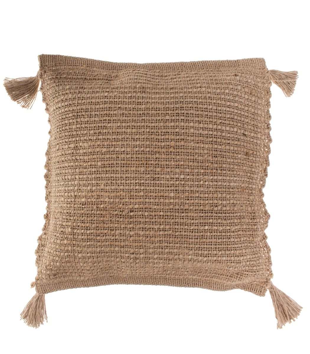 Juuttityynynpäällinen tupsuilla 50x50 cm, luonnollinen boheemi sisustustyyny