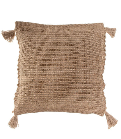 Juuttityynynpäällinen tupsuilla 50x50 cm, luonnollinen boheemi sisustustyyny