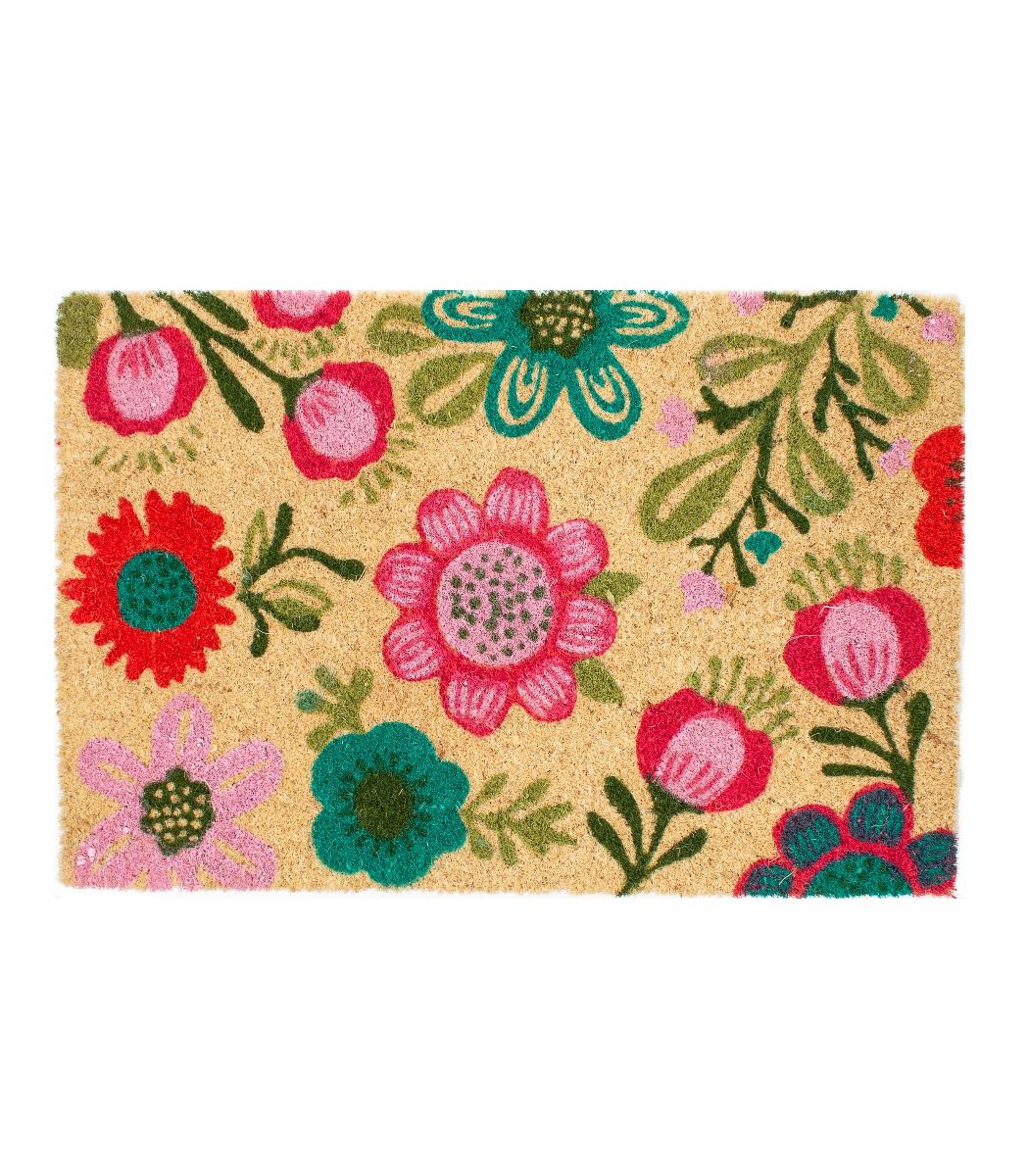 Värikäs kukkakynnysmatto kookoskuidusta, luonnonvärinen pohja ja moniväriset kukat