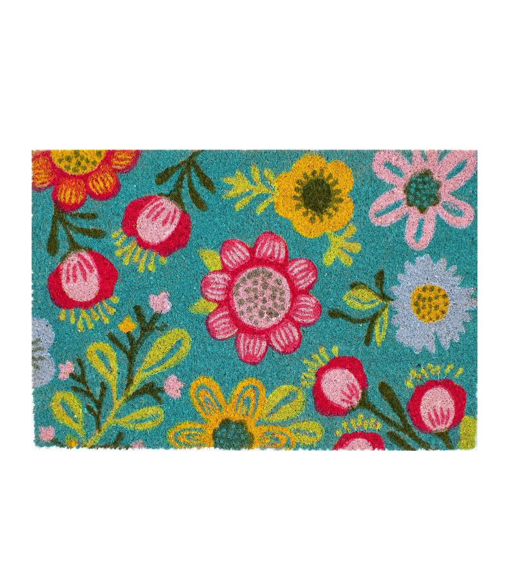 Värikäs kukkakynnysmatto kookoskuidusta, luonnonvärinen pohja ja moniväriset kukat