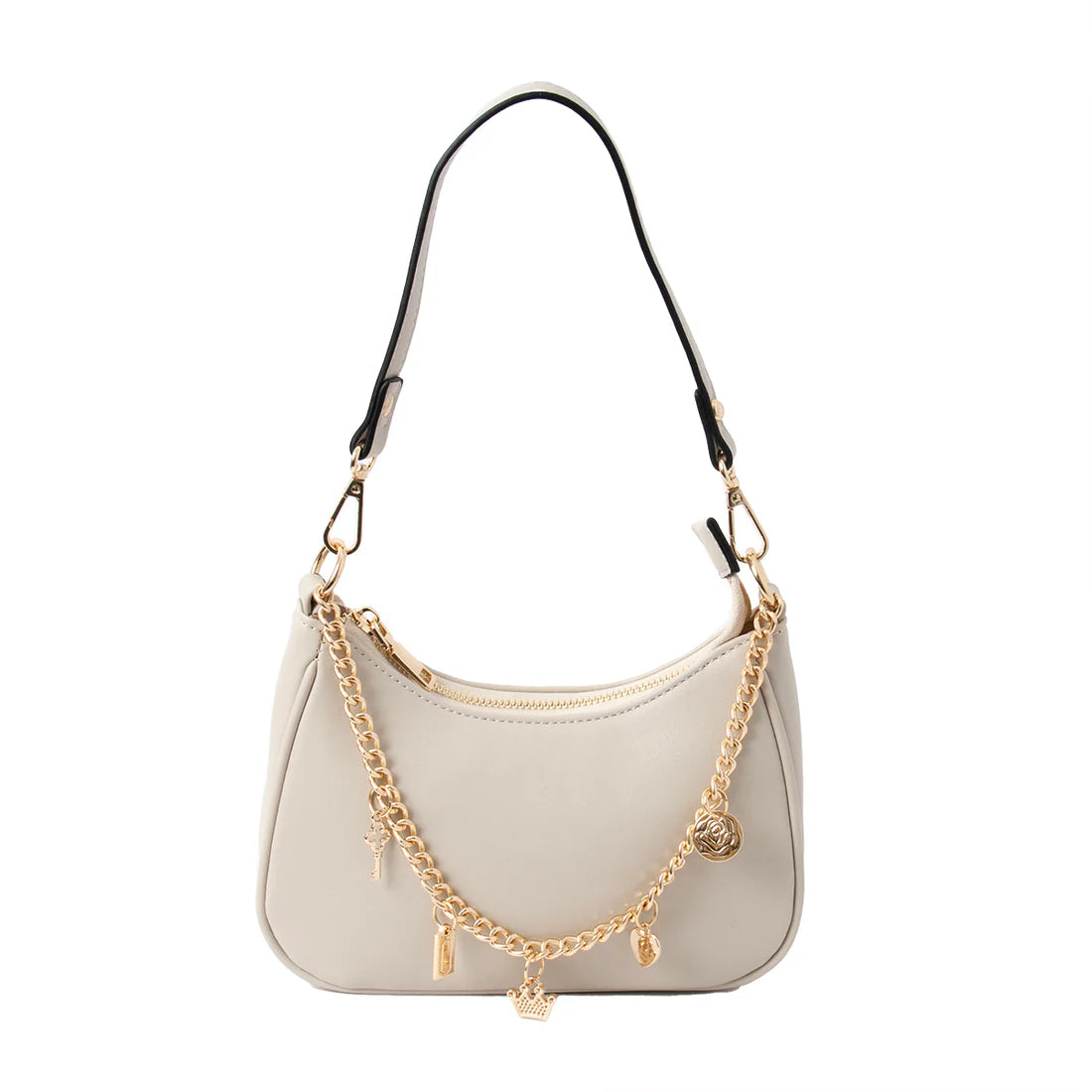 Pieni tyylikäs laukku, jossa koristeketju ja kullanväriset metalliyksityiskohdat.