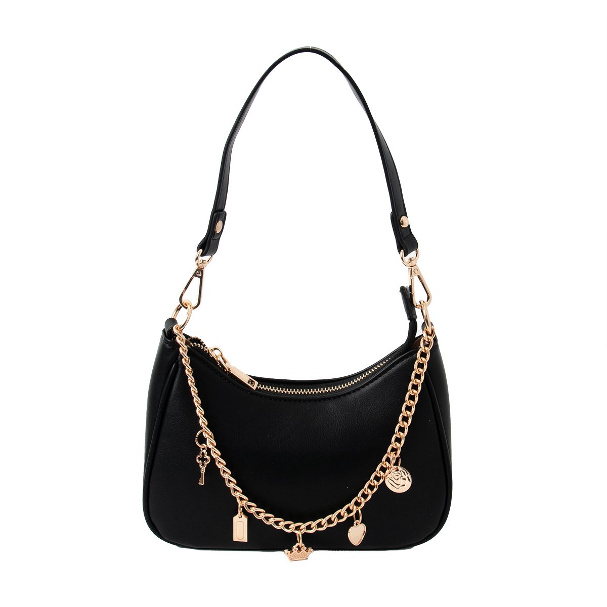 Pieni tyylikäs laukku, jossa koristeketju ja kullanväriset metalliyksityiskohdat.