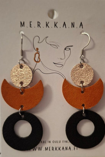 Käsintehdyt, uniikit M.E.R.K.K.A.N.A-korvakorut, nikkelittömät ja ekologiset, valmistettu ylijäämä- ja kierrätysmateriaaleista.