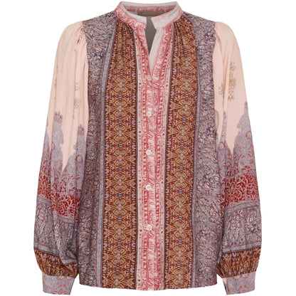 Boho-tyylinen paitapusero naisille, pystykaulus, napitus, laskeutuva viskoosi-nylon materiaali, tyylikäs arkeen ja juhlaan