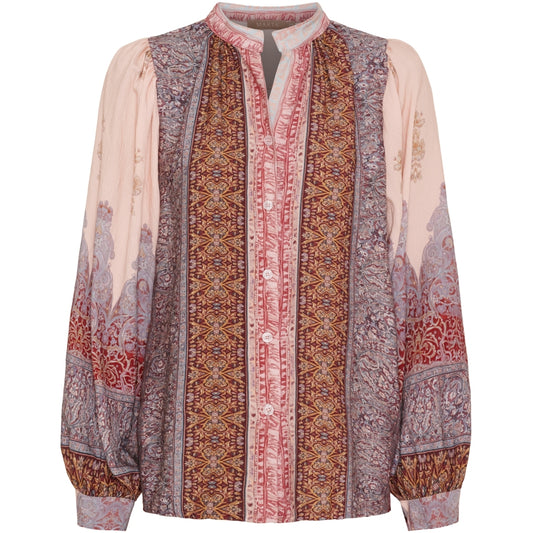 Boho-tyylinen paitapusero naisille, pystykaulus, napitus, laskeutuva viskoosi-nylon materiaali, tyylikäs arkeen ja juhlaan