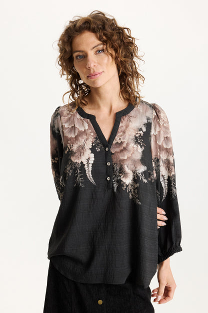 Miller-paita iN FRONT, musta paita beige-valkoisella kuosilla, lyhyt napitus, pehmeä ja hengittävä, tyylikäs naisten paita arkeen ja vapaa-ajalle