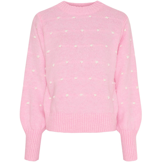 Alisee vaaleanpunainen neule MARTA, pehmeä neule valkoisilla palloilla. Suloinen ja mukava arjeneule.